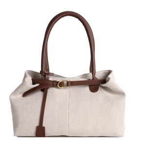 Retro canvas tote bag in off-white with brown leather handles and gold metal buckle