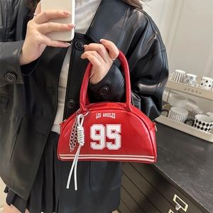 Glossy red dumpling bag with Los Angeles 95 print and decorative chain handle