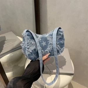 Sac à Épaule en Denim Effiloché pour Femmes Motif Étoile Damier Sac Sous le Bras Retro Streetwear Sac à Main Décontracté