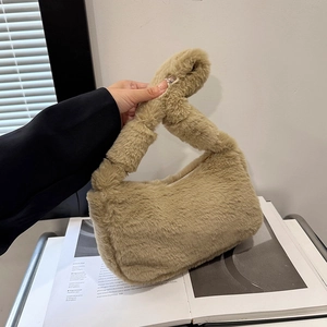 Winter New Faux Fur Underarm Shoulder Bag For Women Soft Plush Top Handle Purse Casual Small Square Handbag With Knot Strap