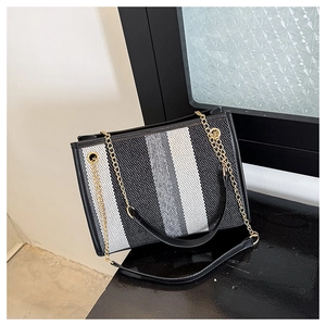 Detailed close-up of striped tote bag with leather trim and golden metal chain strap