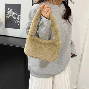 Faux fur shoulder bag for women in khaki, soft plush texture with comfortable strap