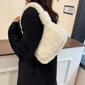 Winter faux fur plush underarm bag for women in soft white color with shoulder strap