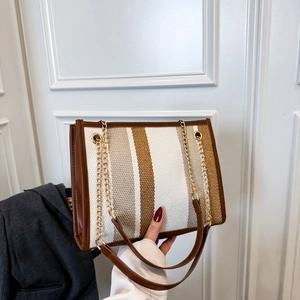 Fashion Stripe PU Leather Large Capacity Tote Bag For Women Versatile Shoulder Crossbody Commuter Handbag With Chain Strap