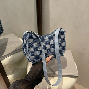 Fashion Gradient Star Denim Checkerboard Shoulder Bag With Frayed Fringe Design Retro Chic Denim Hobo Bag For Women Casual Daily