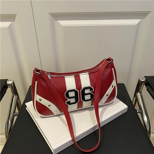 Retro Sporty Underarm Shoulder Bag For Women PU Leather Number 96 Patch Contrasting Stripes Crescent Hobo Handbag Streetwear