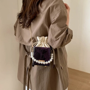 Fashionable mini square crossbody bag with snake skin pattern, pearl handle and chain strap