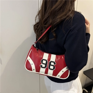Red 96 athletic crescent shoulder bag with white contrast stripes and metal rivets