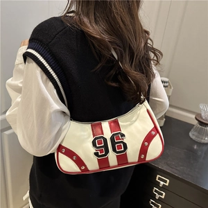White sports-style crescent underarm bag with red stripes and 96 embroidery detail