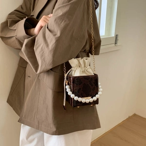 Chic brown snake print bucket bag with pearl handle and golden chain strap for women