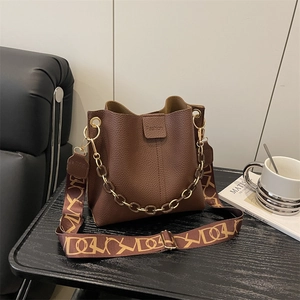 Women Lychee Pattern PU Leather Bucket Bag With Chain And Wide Fabric Shoulder Strap Fashion Crossbody Handbag For Daily Use