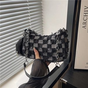 Vintage Denim Checkerboard Star Underarm Bag For Women Frayed Edge Shoulder Bag With Chain And Small Round Coin Pouch Fashion Bag