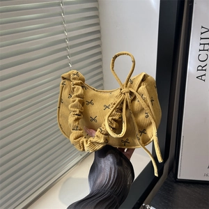 Sac Sous le Bras en Velours Côtelé Vintage pour Femmes Motif Nœud Douceur Sac à Bandoulière Mode Poignée Plissée Décontracté Carré