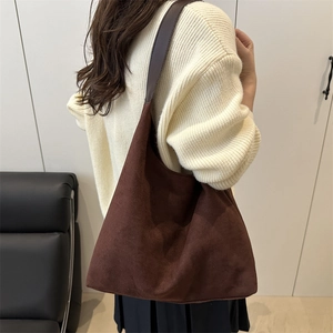 Large brown faux suede tote bag for women, retro minimalist shoulder bag style