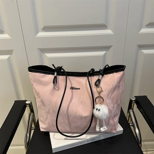 Fashion Large Capacity Solid Color Wrinkle Texture Tote Bag For Women Versatile Shoulder Commuter Handbag With Plush Monster Pendant