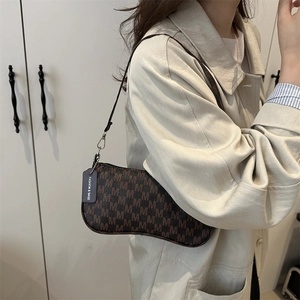Retro crescent underarm bag with monogram print and black leather tag for women