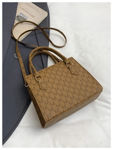 Macro detail of brown monogram mini tote bag with dual handles and slim shoulder strap