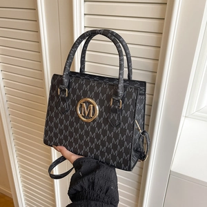 Women Fashion Letter M Print Handbag PU Leather Small Square Crossbody Bag Metal Logo Adjustable Strap Retro Shoulder Bag