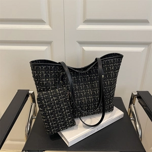 Women Fashion Tweed Tote Bag Combination Large Capacity Plaid Woven Shoulder Bag With Pouch Retro Elegant Lady Handbag Everyday