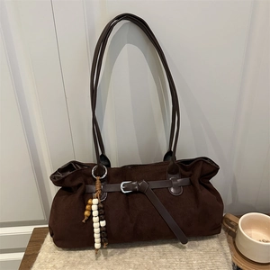 Women Large Capacity Artificial Suede Shoulder Bag Retro Tote Bag With Beaded Charm Stitching Design Crossbody Handbag