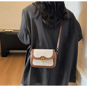 Detail of a vintage-style crossbody square bag featuring a gold clasp on a model