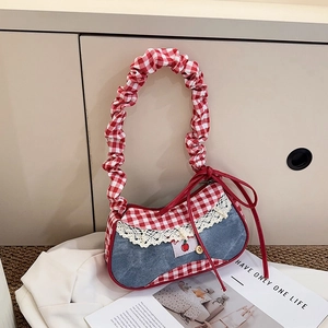 Women Spliced Denim Gingham Underarm Bag Vintage Sweet Lace Trim Bowknot Shoulder Bag Y2K Patchwork Zipper Handbag