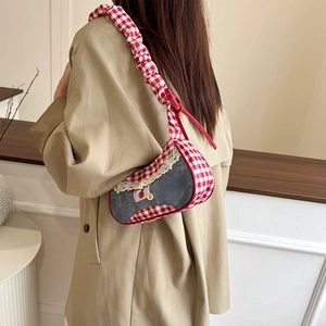 Chic red plaid and denim underarm bag with lace trim and cherry patches for women