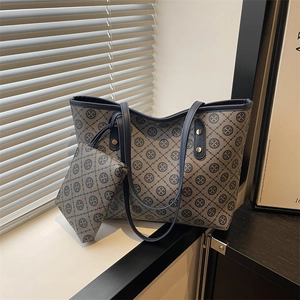 Women Retro Monogram Print Tote Bag PU Leather Shoulder Bag With Small Pouch Fashion Large Capacity Commuter Handbag