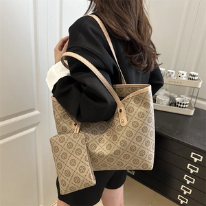 Retro letter print tote bag set with matching pouch and slim leather shoulder straps