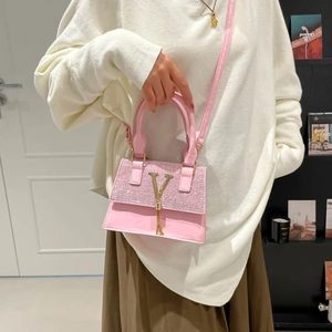 Pink sequin crossbody bag with gold V-metal trim and tassel, versatile fashion shoulder bag
