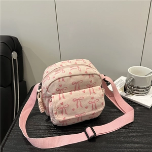 Japanese Style Corduroy Bow Heart Print Crossbody Bag For Women Sweet Small Square Bag With Adjustable Strap