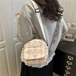 Japanese style cream corduroy crossbody bag with cute pink bow and heart patterns