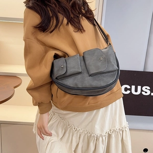 Retro grey crescent chest bag with double pockets and adjustable shoulder strap for women