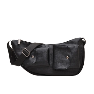 Retro black faux leather crescent chest bag with double front snap pockets and wide strap