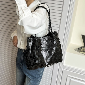 Large black sequin tote bag with woven handles and fashion label for women's daily use