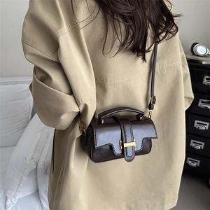 Chic dark brown vintage PU leather crossbody bag with elegant gold H-shaped clasp for women