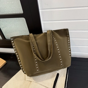 Sac Cabas en Velours Côtelé pour Femmes Grande Capacité Décor de Rivets Rétro Sac à Épaule Couleur Unie Sac à Main Fourre-Tout Quotidien
