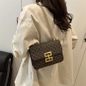 Vintage brown crossbody bag with letter patterns and gold chain strap on a model