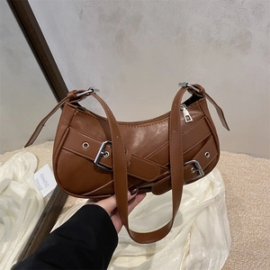 Fashion PU Leather Underarm Baguette Bag For Women Vintage Buckle Decor Shoulder Bag Solid Color Street Style Handbag