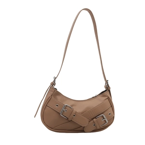 Fashionable camel crescent underarm bag with decorative straps and silver buckles