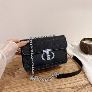 Women Fashion Glitter Sequin Splicing PU Leather Crossbody Bag Chic Lock Square Handbag With Metal Chain Strap For Party Commute