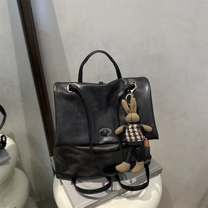 Vintage Oil Wax PU Leather Backpack For Women With Rabbit Charm Versatile Commute Solid Color Tote Shoulder School Bag