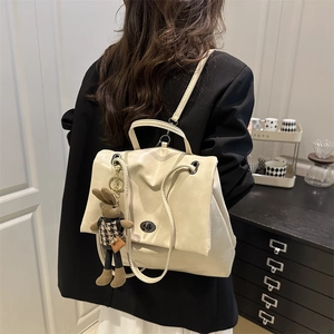 Cream vintage oil wax leather backpack and tote bag with cute rabbit pendant for women