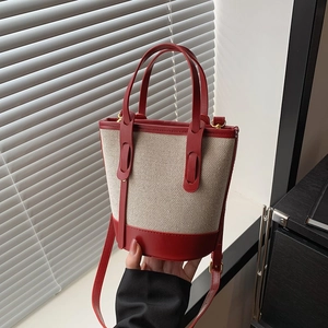 Women Fashion Contrast Color Bucket Bag Canvas PU Leather Patchwork Shoulder Crossbody Handbag Stylish Small Commuter Bag