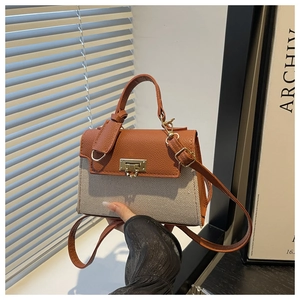 Detailed shot of contrast color leather and canvas paneling with a gold twist lock closure