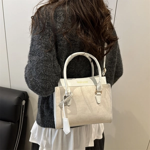 White minimalist crossbody tote bag with Fashion & Bags lettering for office commute