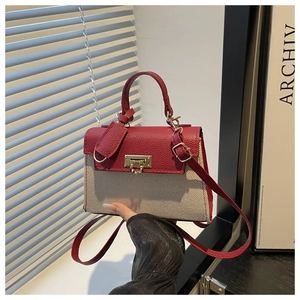 Detail of the contrast vintage bag showing red pebbled leather and canvas textures