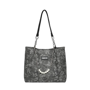 Deep grey floral tote bag with pearl chain strap and silver chain details