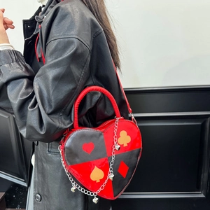 Fashionable heart-shaped handbag with poker pattern print and silver chain strap