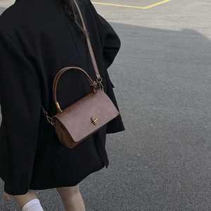 Retro brown leather rectangle handbag with gold clasp, versatile crossbody style